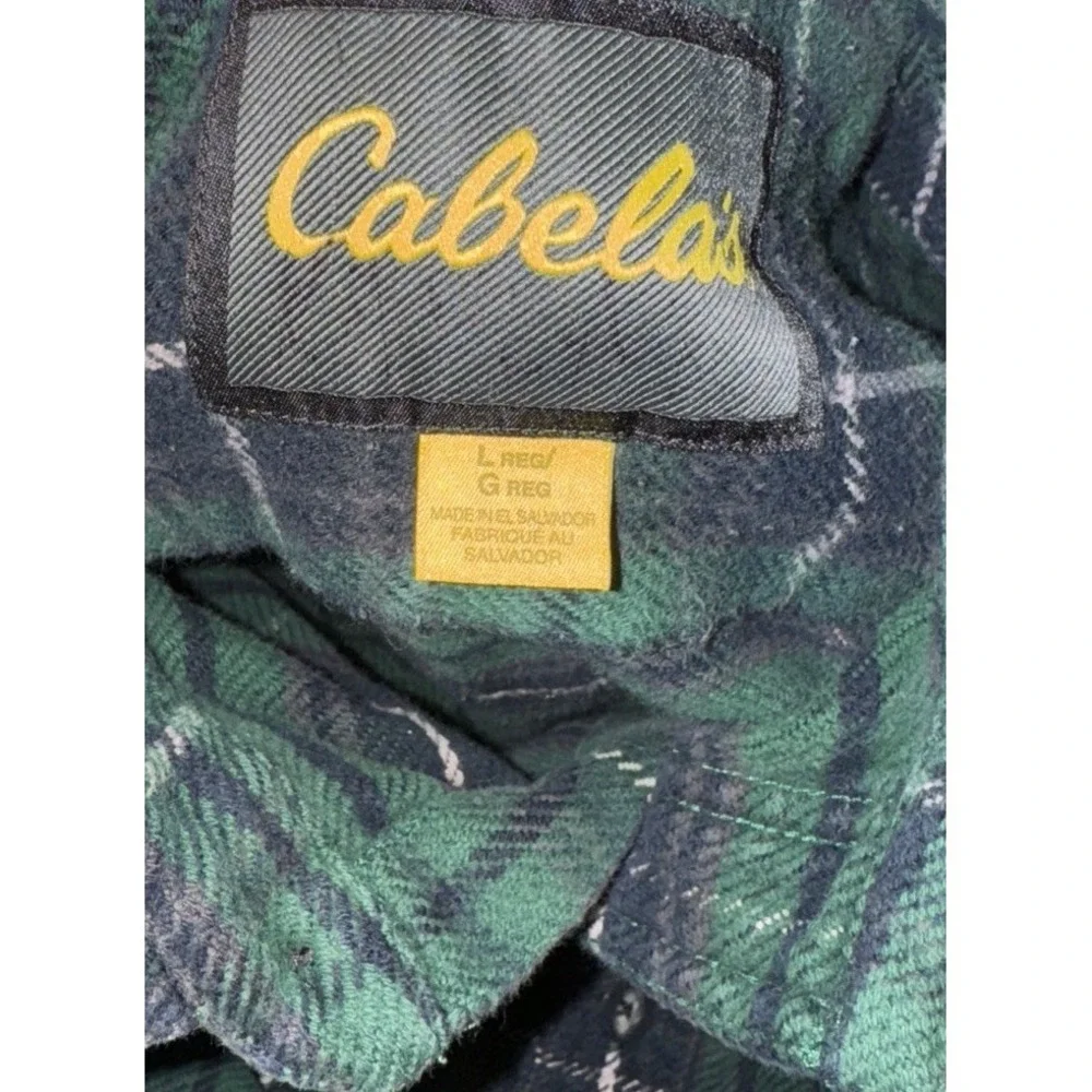 Cabelas Fleece Heavy Plaid Button Down Shirt Men Sz Large Green Black Pen Holder